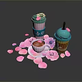 Stylish Cups With Turquoise Pink Lids And White Teacup Surrounded By Rose Petals