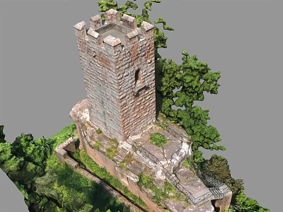 Ancient Stone Tower With Crenellations On Hilltop Surrounded By Green Trees 3d model