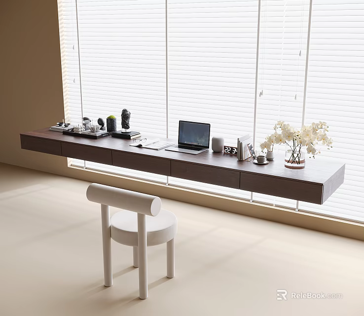 Modern Floating Desk By Window With Blinds Laptop Stationery White Flowers And Chair 3d model 