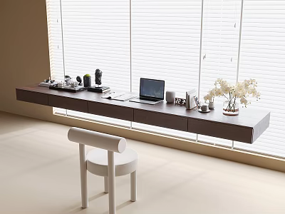 Modern Floating Desk By Window With Blinds Laptop Stationery White Flowers And Chair 3d model