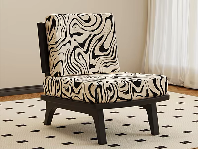 Zebra Pattern Fabric Leisure Chair With Dark Wooden Frame On Checkered Rug 3d model