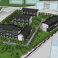 Mixed Style Building Complex With Traditional Modern Architecture Green Landscaping And Trees