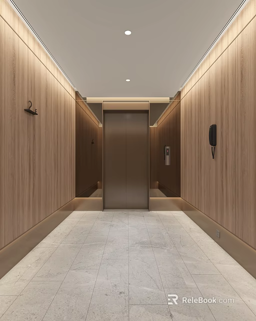 Modern Hotel Elevator Lobby With Wooden Panel Walls Recessed Lighting And Light Stone Floor 3d model 