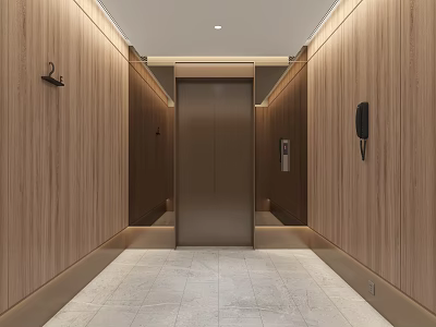 Modern Hotel Elevator Lobby With Wooden Panel Walls Recessed Lighting And Light Stone Floor 3d model