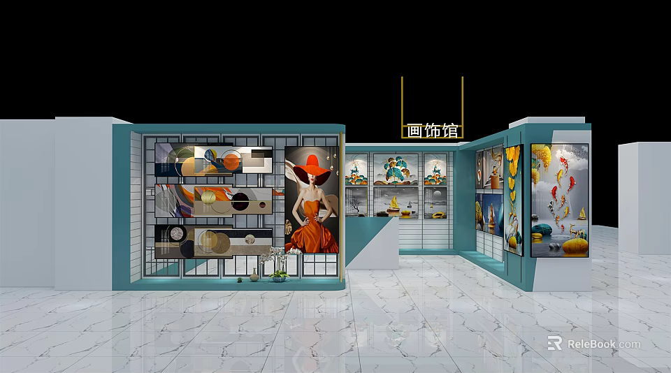 Elegant Art Decor Store Interior With Display Cabinets And Colorful Decorations 3d model