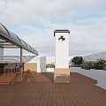 Roof Terrace With Wooden Flooring White Low Walls Green Plants And Glass Awning