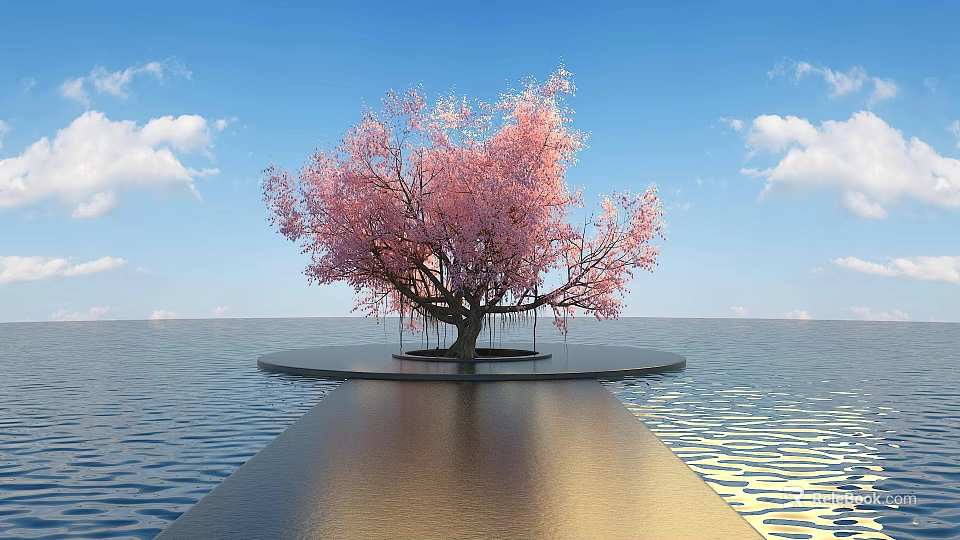 Stone Wood Circular Platform With Pink Flowering Tree Over Water Blue Sky And White Clouds 3d model 