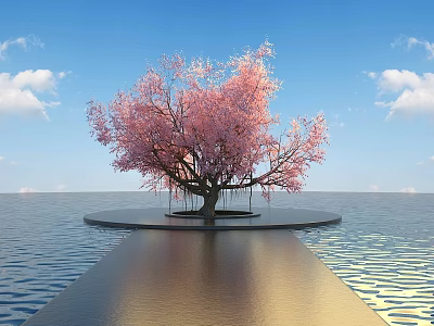 Stone Wood Circular Platform With Pink Flowering Tree Over Water Blue Sky And White Clouds 3d model