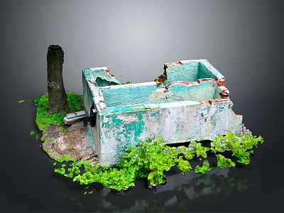 Abandoned Building Ruins With Broken Walls Peeling Paint Tree Stump And Green Plants 3d model