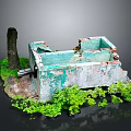 Abandoned Building Ruins With Broken Walls Peeling Paint Tree Stump And Green Plants