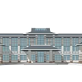 Modern Office Building Exterior Design With Sloped Roof Large Glass Windows And Pedestrians On Street