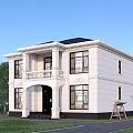 Detached Villa With White Exterior Black Roof Symmetrical Windows Black Door Balcony And Green Lawn