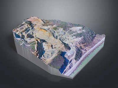 3D Terrain Model of Mine Quarry Featuring Rock Layers Vegetation Roads And Mining Traces 3d model