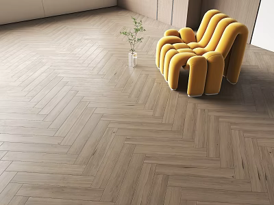 Elegant Herringbone Wood Floor Interior With Yellow Sofa And Potted Plant 3d model