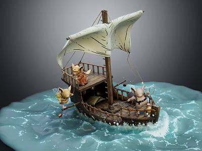 Detailed Wooden Sailboat With White Sails And Small Animals On Ocean Waves 3d model
