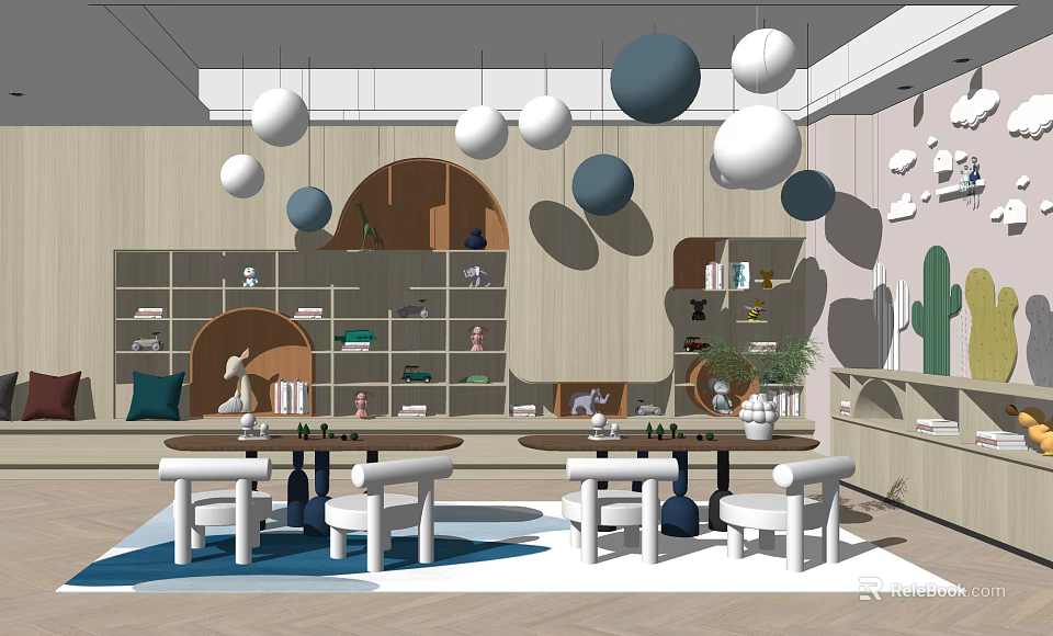 Bright Kindergarten Interior With Colorful Play Area Small Tables And Hanging Decorations 3d model 