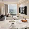 Modern Living And Dining Room Interior With Black Sofa Round Coffee Table And Artwork