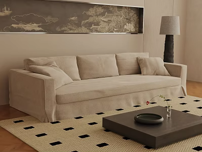 Cushioned Three Seater Beige Sofa on Black White Checkered Rug Coffee Table and Floor Lamp 3d model