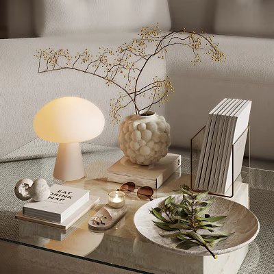 Modern Decorative Accessories Set With Mushroom Lamp Textured Vase Books And Green Leaves Tray 3d model