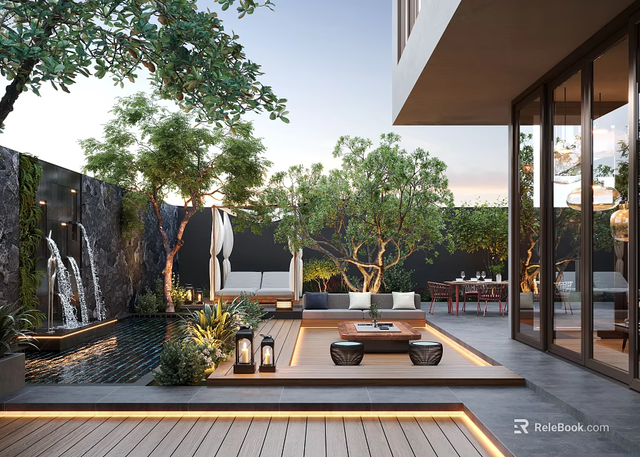 Courtyard Garden Design With Lush Green Trees Waterfall Feature And Wooden Deck Lighting 3d model 