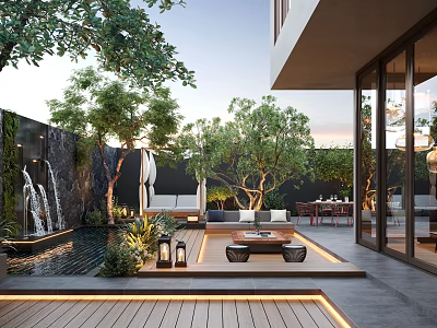 Courtyard Garden Design With Lush Green Trees Waterfall Feature And Wooden Deck Lighting 3d model