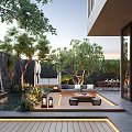Courtyard Garden Design With Lush Green Trees Waterfall Feature And Wooden Deck Lighting