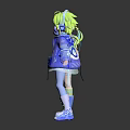 Stylish 3D Anime Character With Green Blue Hair Blue Coat White Dress And Blue Boots