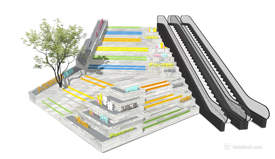Modern Escalator Design With Colorful Steps Tree Decoration And Structural Elements 3d model 
