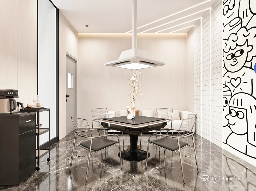 Modern Living Room Interior With Round Table Chairs Marble Floor Cartoon Wall Art Ceiling Lighting 3d model 