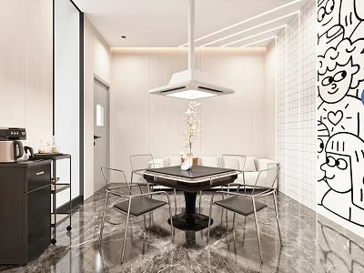 Modern Living Room Interior With Round Table Chairs Marble Floor Cartoon Wall Art Ceiling Lighting 3d model