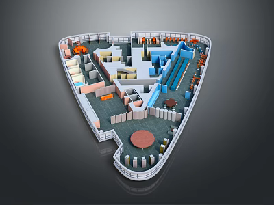 Cartoon Style Building Layout With Colored Rooms Circular Spaces And Pathways 3d model