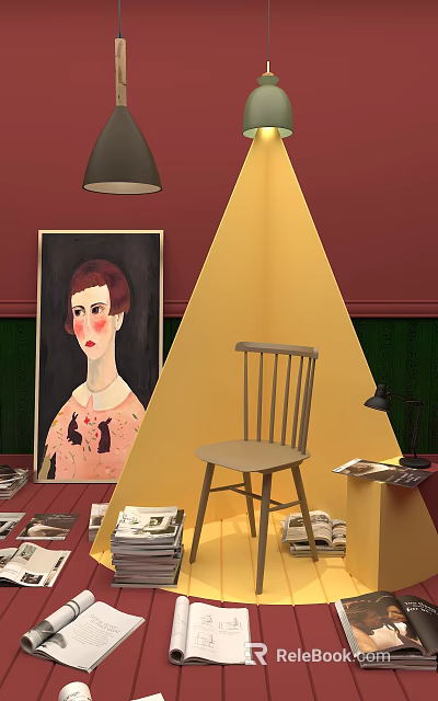 Artistic Interior Featuring Portrait Chair Table Lamp Books Yellow Triangle Decoration and Red Green Walls 3d model 