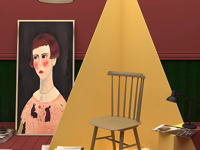 Artistic Interior Featuring Portrait Chair Table Lamp Books Yellow Triangle Decoration and Red Green Walls 3d model