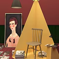 Artistic Interior Featuring Portrait Chair Table Lamp Books Yellow Triangle Decoration and Red Green Walls