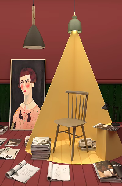 Artistic Interior Featuring Portrait Chair Table Lamp Books Yellow Triangle Decoration and Red Green Walls 3d model
