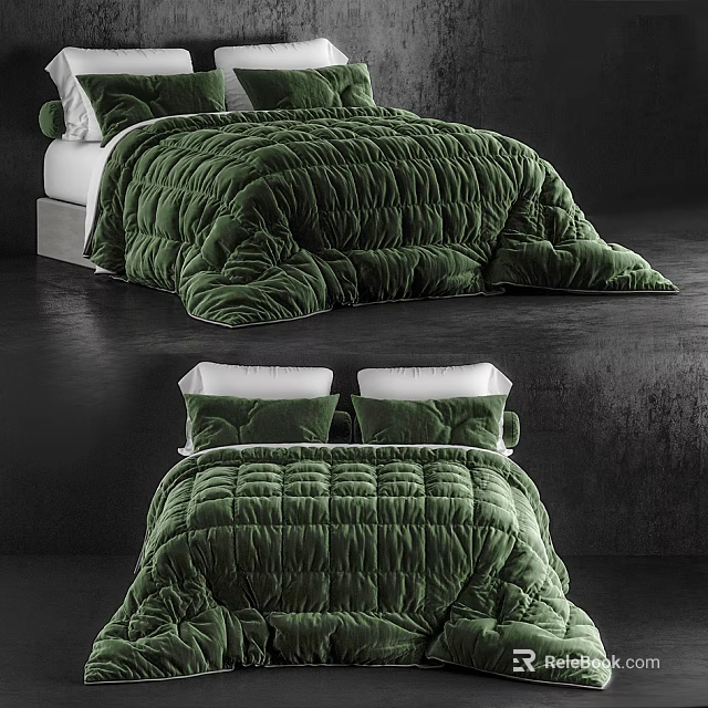 Luxurious Green Double Bed With Velvet Bedding Ruched Design And White Green Pillows 3d model 