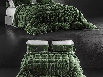 Luxurious Green Double Bed With Velvet Bedding Ruched Design And White Green Pillows 3d model