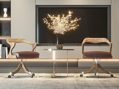 Wooden Leisure Chairs With Red Cushion Table And Lighted Branch By TV In Living Room 3d model