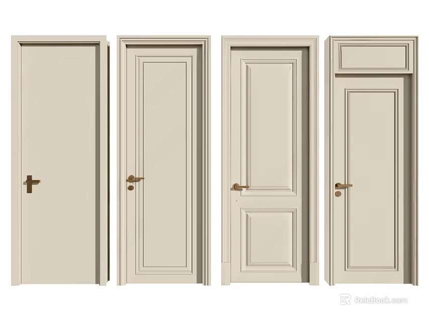 Light Colored Interior Hinged Doors With Various Panel Designs And Metal Handles 3d model