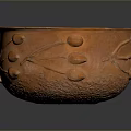 Carved Ceramic Bowl Sculpture With Orange Glaze And Leaf Fruit Decorations