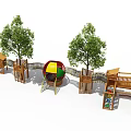 Kindergarten Playground With Wooden Play Structures Slide Climbing Net And Trees 3d model