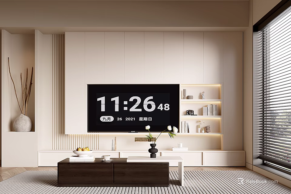 Modern Living Room TV Stand With White Cabinets Lighting Shelves And Decorations 3d model 