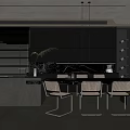 Modern Restaurant Interior With Open Kitchen Bar Counter Dining Chairs And Pendant Lights