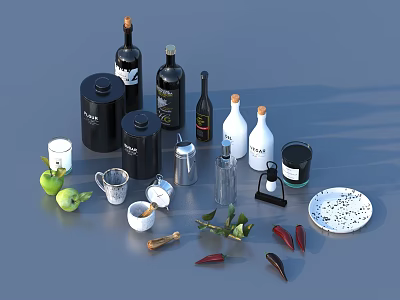 Essential Household Items Collection With Glass Bottles Ceramic Cups Fresh Apples And Chili Peppers 3d model