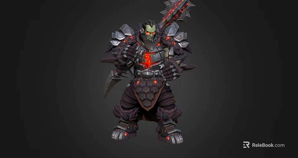 Orc Warrior Creature In Heavy Spiked Armor With Bloody Glowing Greatsword And Red Luminous Details 3d model 