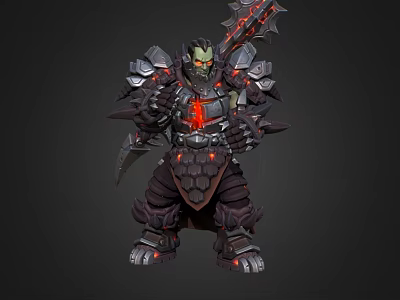 Orc Warrior Creature In Heavy Spiked Armor With Bloody Glowing Greatsword And Red Luminous Details 3d model