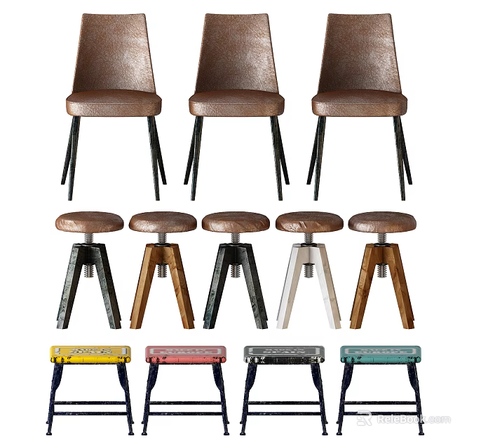 Diverse Stools Design Featuring Brown Leather Backrest Colorful Seats And Metal Wooden Legs 3d model 