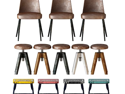 Diverse Stools Design Featuring Brown Leather Backrest Colorful Seats And Metal Wooden Legs 3d model