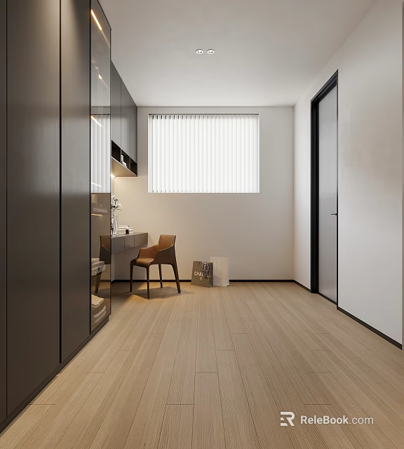 Modern Closet Interior With Dark Cabinets Light Flooring And Window 3d model 