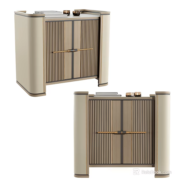 Modern Bedside Table with Vertical Slats Gold Handles Beige Wood Tones and Decor 3d model 